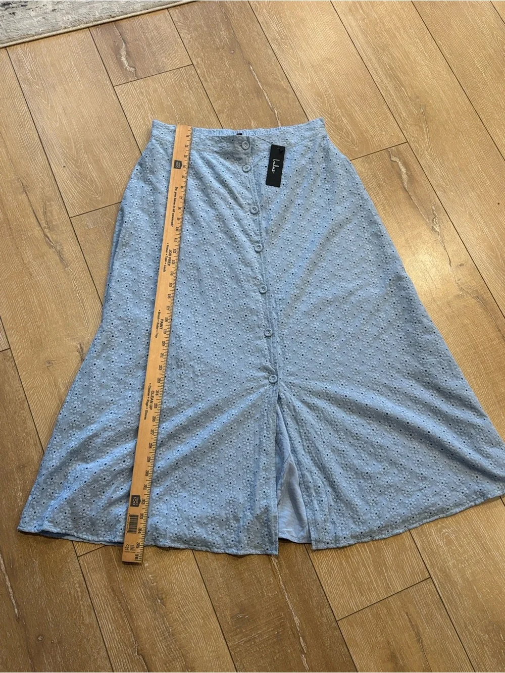 Lulus Blue Eyelet Embroidered Cotton Maxi Skirt Button Front Lined NWT Large